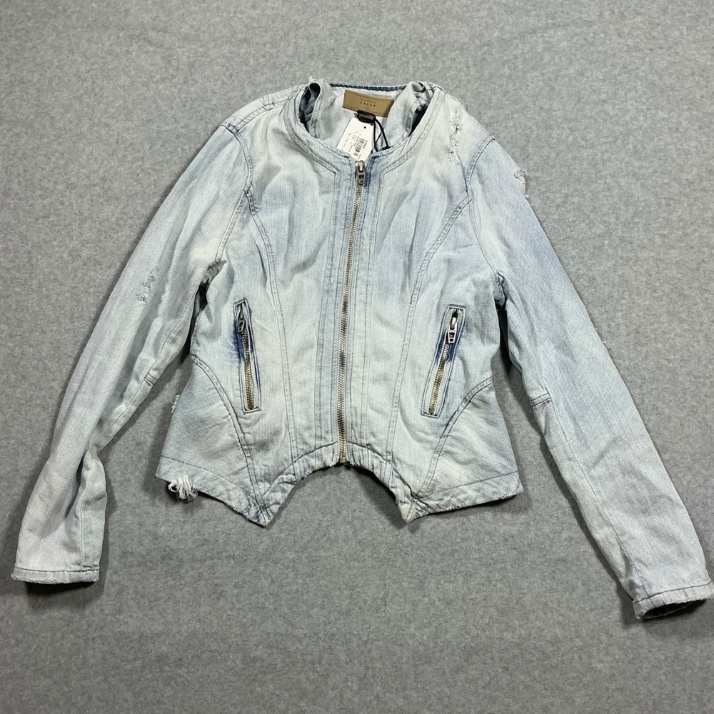 BlankNYC Part Time Lover Jacket Light Blue Distressed Denim Moto Zip Size M NEW
